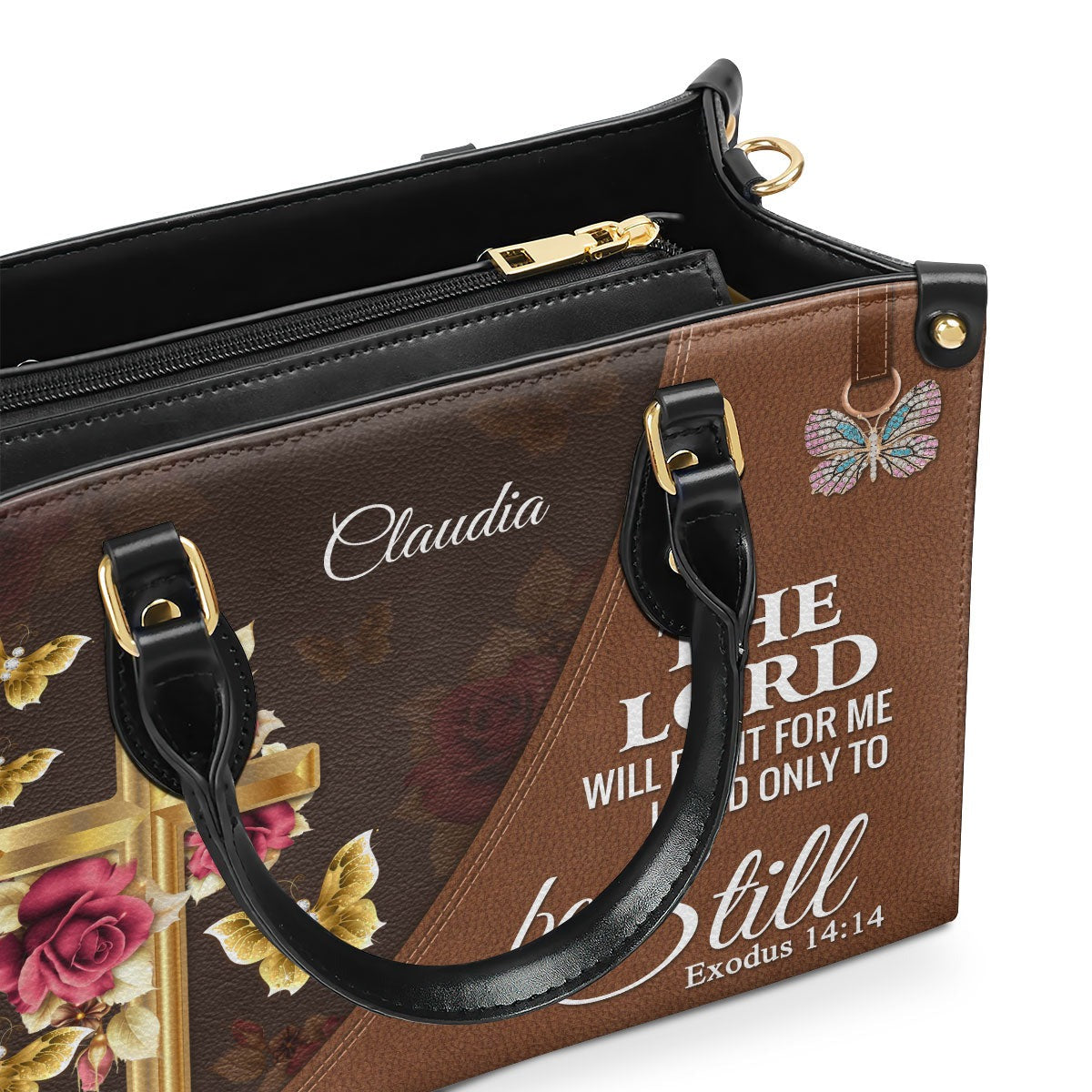 Personalized Christian Leather Handbag, The Lord Will Fight For Me Be Still Exodus 14:14 – Cross Butterfly Faith Purse BLAF50